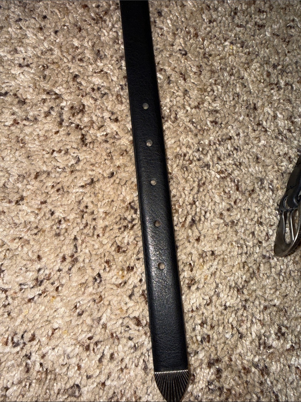 Black Leather Belt with Decorative Silver-Tone Buckle - Picture 3 of 5